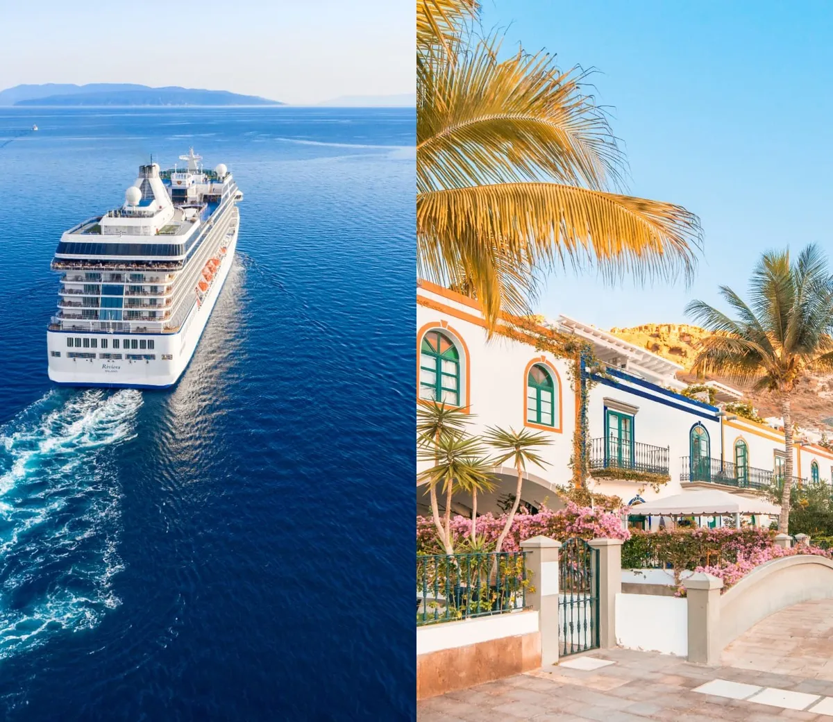 Links ein Kreuzfahrtschiff auf See, rechts Palmen und bunte Häuser auf Gran Canaria